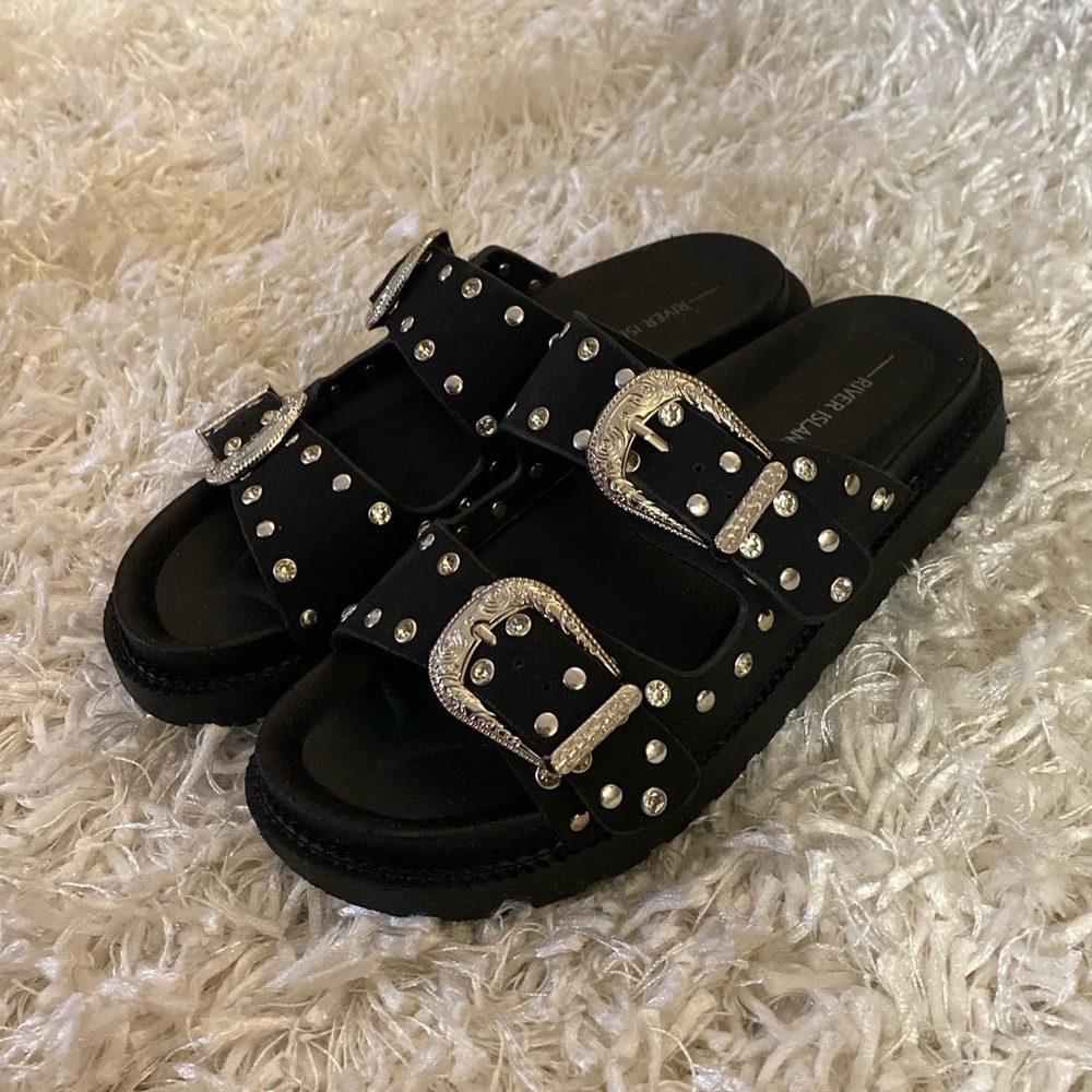 River Island western double buckle flat sandal